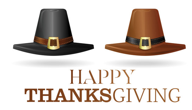 Pilgrims Hat Set. Black And Brown Pilgrim Hat. Collection Hats Of The First Settlers. Happy Thanksgiving. Vector Illustration Isolated On White Background