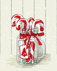 Christmas theme, candy canes in glass jar with red ribbon , illustration