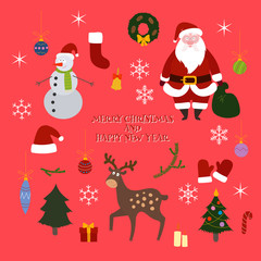 Set of vector hand drawn Happy New Year and Merry Christmas decorative elements for design