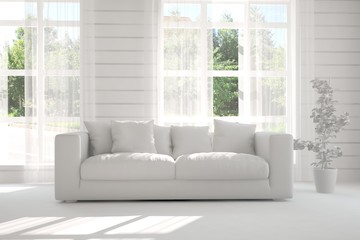 Idea of white room with sofa and summer landscape in window. Scandinavian interior design. 3D illustration