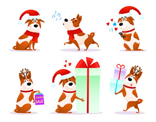 Christmas funny cartoon dog emoticons set. Xmas flat puppy emoji collection. Happy terrier wearing deer horns and Santa hat isolated on white background. Christmas or New Year 2018 vector illustration