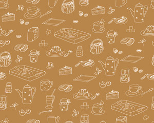 Hand-drawn vector wallpaper of breakfast ingredients and snacks, isolated on a brown background - doodle seamless