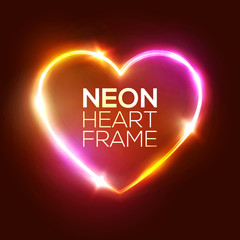 Night Club Neon Heart Sign. 3d Retro Light Signboard With Shining Neon Effect. Techno Frame With Glowing On Dark Pink Backdrop. Electric Street Banner Design. Colorful Vector Illustration in 80s Style