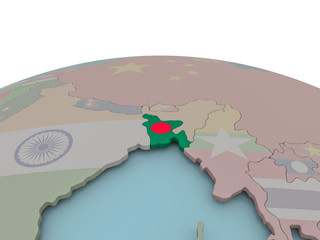 Political map of Bangladesh on globe with flag