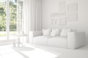 Idea of white room with sofa and summer landscape in window. Scandinavian interior design. 3D illustration