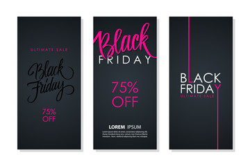 Black Friday Sale flyers collection for business, commerce, promotion and advertising. Discount 75% off. Vector illustration.