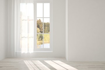 Obraz na płótnie Canvas White empty room with autumn landscape in window. Scandinavian interior design. 3D illustration