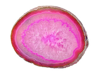 Amazing cross section of Pink Agate Crystal cut isolated on white background. Natural translucent...