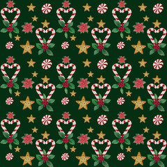Watercolor Christmas candies pattern on green background