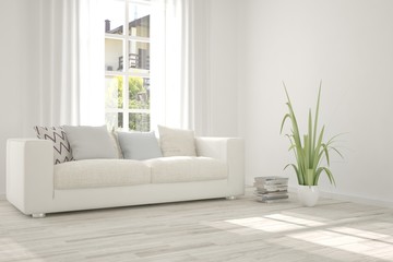 Idea of white room with sofa and summer landscape in window. Scandinavian interior design. 3D illustration