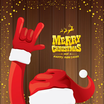 vector cartoon Santa Claus rock n roll style with golden calligraphic greeting text on wooden background with christmas star lights.