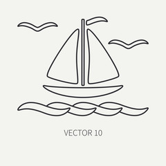 Line flat plain vector ocean icon boat with sail. Simplified retro. Cartoon style. Regatta. Seagull. Summer vacation. Sea doodle art. Crustacean. Illustration and element for your design and wallpaper