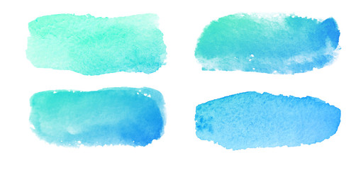 Set of hand painted watercolor textured backgrounds isolated on white. Collection of blue brush strokes.