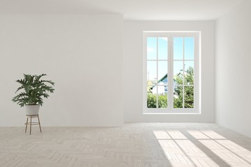 Idea of white room with sofa and summer landscape in window. Scandinavian interior design. 3D illustration