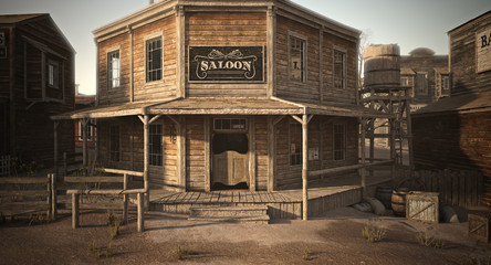 Western town saloon with various businesses . 3d rendering - obrazy, fototapety, plakaty