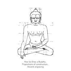 How to draw a silhouette of a Buddha. Proportions of building a statue of a seated Buddha in the lotus position. Imitation of ancient engraving. Hand drawn vector illustration