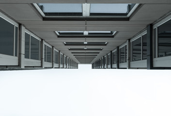 Urban Geometry, looking up to glass concrete steel building. Modern architecture. Abstract architectural design. Inspirational, artistic image. Industrial design.