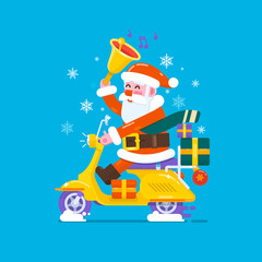 Happy smile Santa Claus riding scooter motorcycles to send gifts.Vector flat style illustration