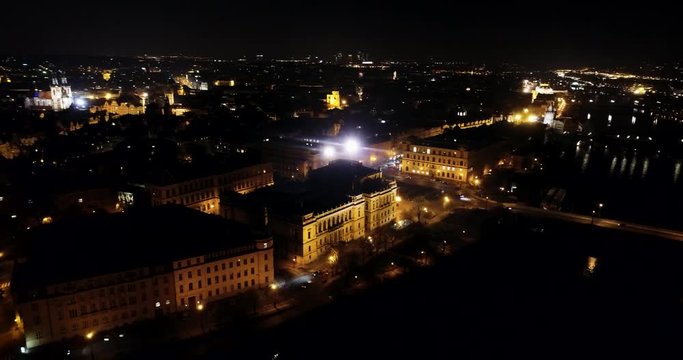Beautiful Cityscape of Prague at night, Czech Republic and Kostel of Our Lady before Tyn, Aerial view