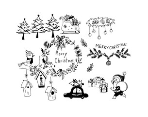 Hand drawn doodle vector. Christmas line art drawings in black. tree, santa and lettering, fir branches, ornaments, candy, present boxes for gift tags, labels,invitations card