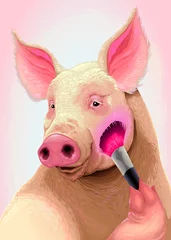 Deurstickers Pig is applying the blush on her cheek © ddraw
