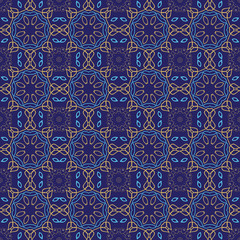 Luxury seamless oriental tile ornament on blue background. Colorful floral patchwork background. Decorative ornament for fabric, textile, wrapping paper