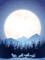 Santa in night sky against background of full moon. Christmas greeting card template. Vector cartoon illustration