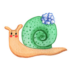Watercolor cute snail green shell happy cartoon kawaii cochlea helix illustration for kids hand drawn