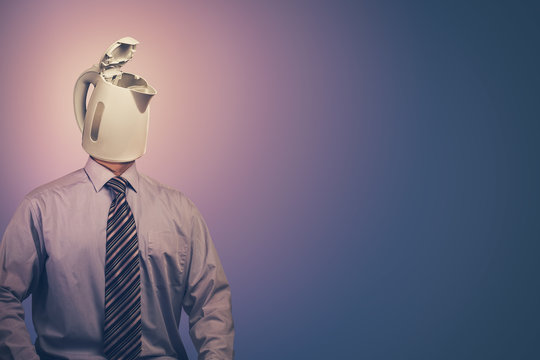 A man who has a  kettle instead of a head. Concept. Comic