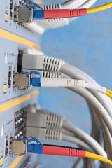 Network cable connected to network switch in data center