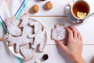 homemade cookies and honey and lemon tea for Breakfast, winter cozy morning