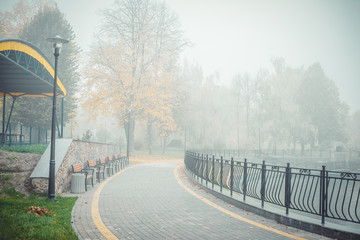 Autumn park in the morning fog
