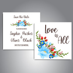 Greeting card with flowers, watercolor, can be used as invitation card for wedding, birthday and other holiday and summer background. Vector illustration. 