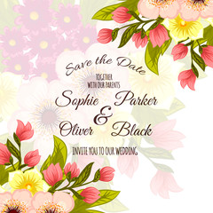 Greeting card with flowers, watercolor, can be used as invitation card for wedding, birthday and other holiday and summer background. Vector illustration. 