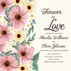 Greeting card with flowers, watercolor, can be used as invitation card for wedding, birthday and other holiday and summer background. Vector illustration. 