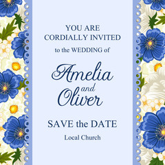 Greeting card with flowers, watercolor, can be used as invitation card for wedding, birthday and other holiday and summer background. Vector illustration. 