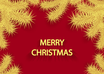 Christmas background with tree branch or branch of spruce gold on red