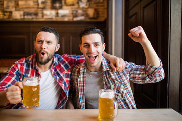 Two men watching tv with beer rejoice the victory of their favorite team in the pub