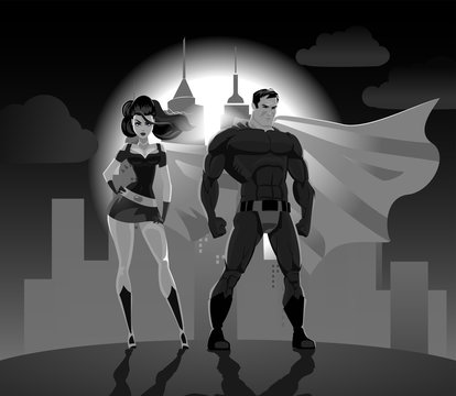Superhero Couple: Male and female superheroes, posing in front of a light