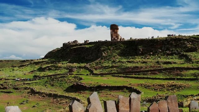 Stone Circle and Chullpa in Sillustani, Puno Region, Peru