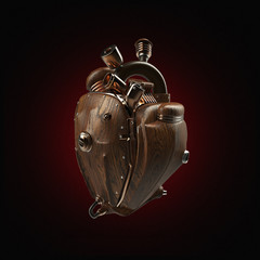 Steampunk mecha robot techno heart. engine with pipes, radiators and wooden hood parts.  isolated