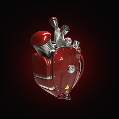 Diesel punk robot techno heart. engine with pipes, radiators and gloss red metal hood parts. ...