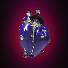 Diesel punk robot techno heart. engine with pipes, radiators and glossy deep blue metal hood parts.  isolated