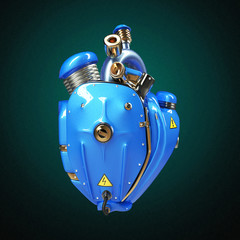 Diesel punk robot techno heart. engine with pipes, radiators and glossy blue metal hood parts. isolated