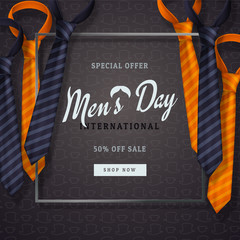 International men's day or Father's Day vector greeting card. Realistic ties orange and dark blue with border on dark background with pattern of hats. Discount text. For design. 3d illustrations