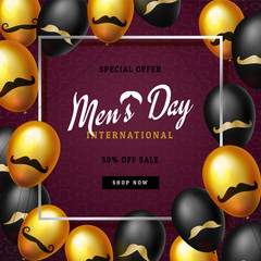 International men's day or Father's Day vector greeting card. Realistic balloons black, gold with mustache symbol on dark red background with border. Pattern of hats. Discount text. 3d illustrations