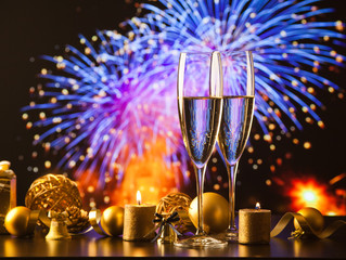 two champagne glasses against holiday lights and fireworks - new year celebration