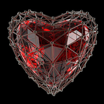 crystal low poly shiny heart in atom array -shaped cage. Wedding and valentines day concept