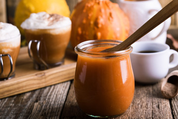 Pumpkin puree and ingredients for preparation pumpkin spice latte