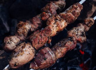 Grilled vegetable and meat skewers in a herb marinade on a grill pan, top view
